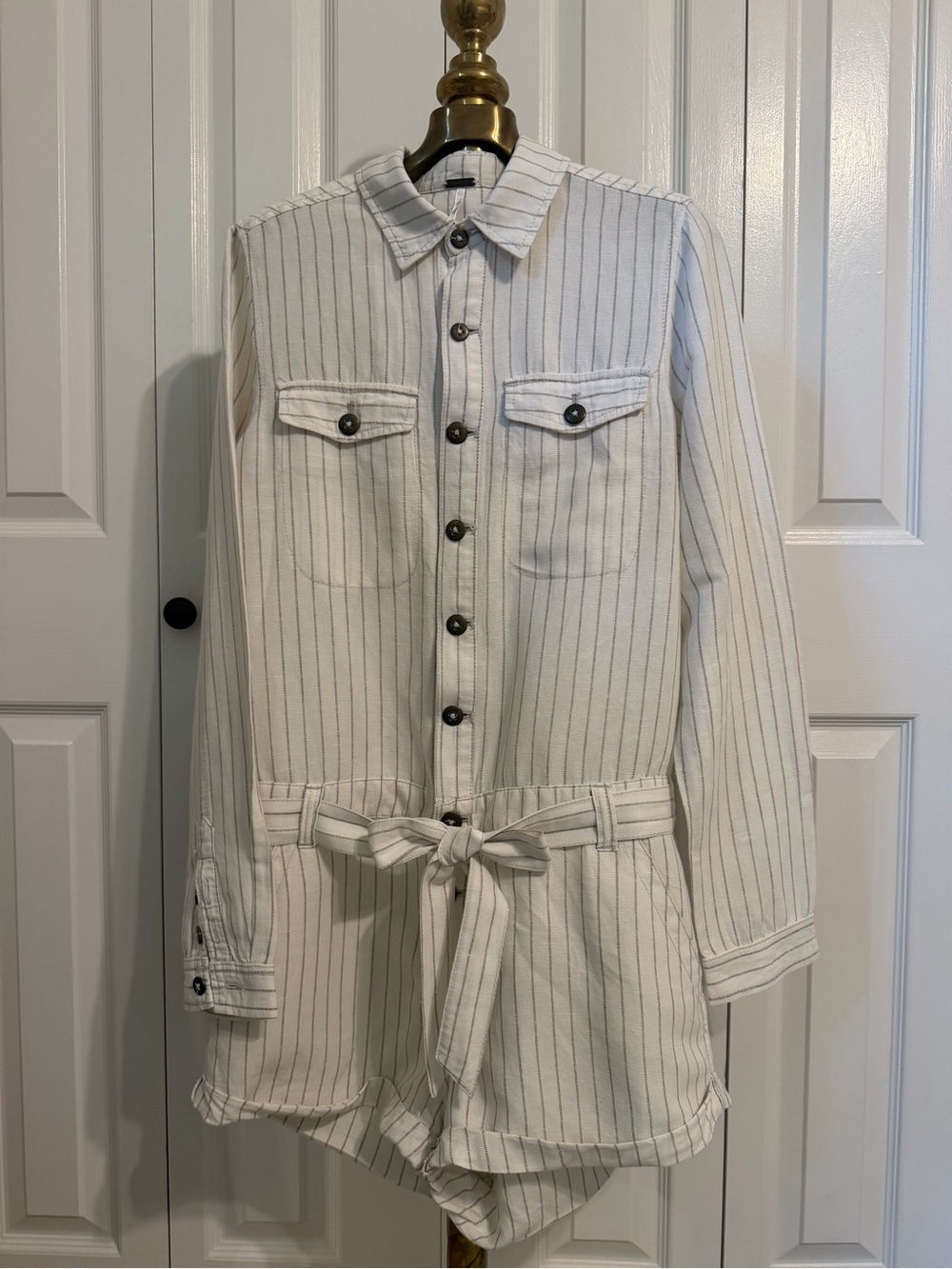 Free People Striped White Button-Front Romper with Tie Waist